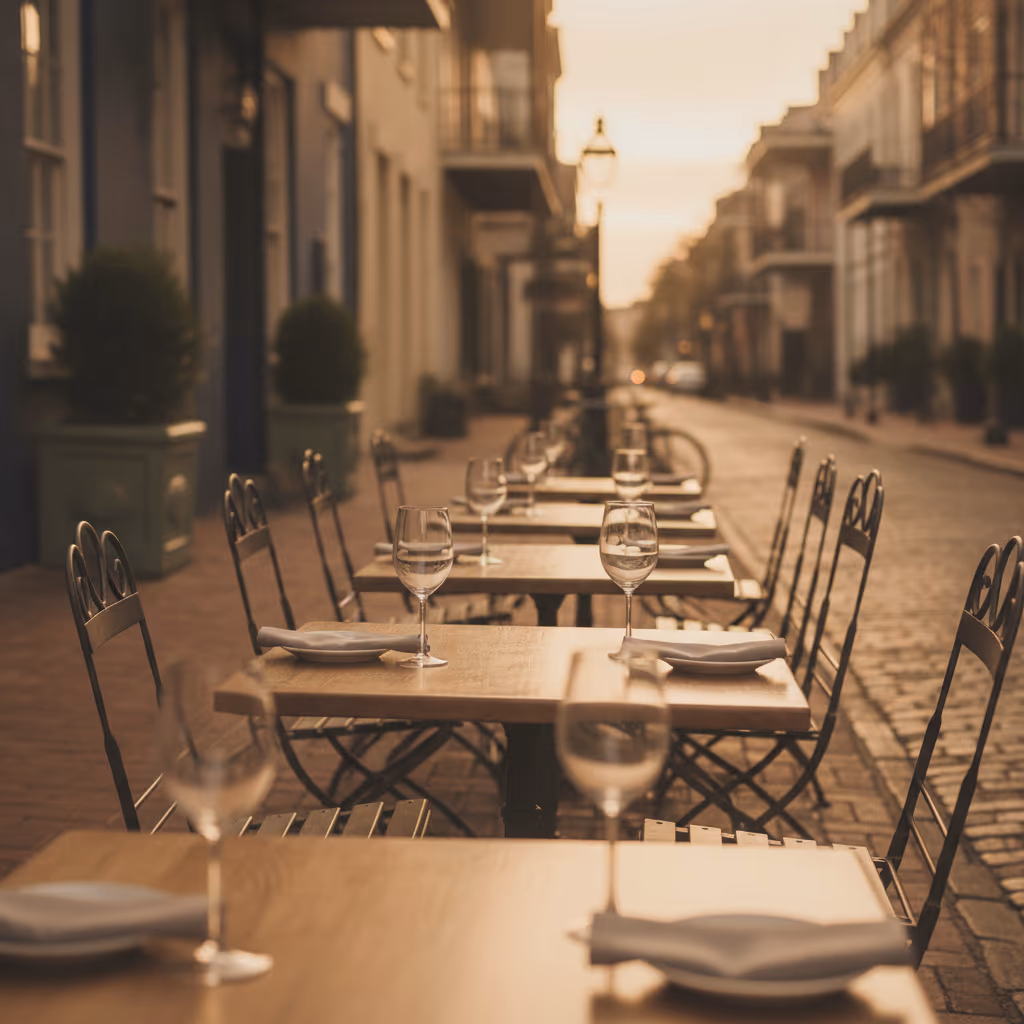 Outdoor cafe tables on a cobblestone Charleston street