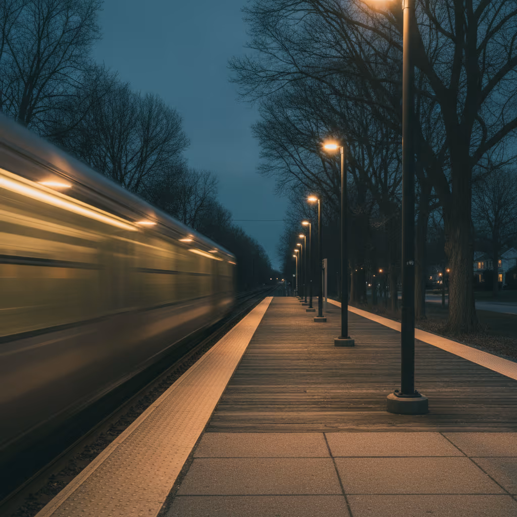 A commuter train platform in suburban Connecticut at dusk
