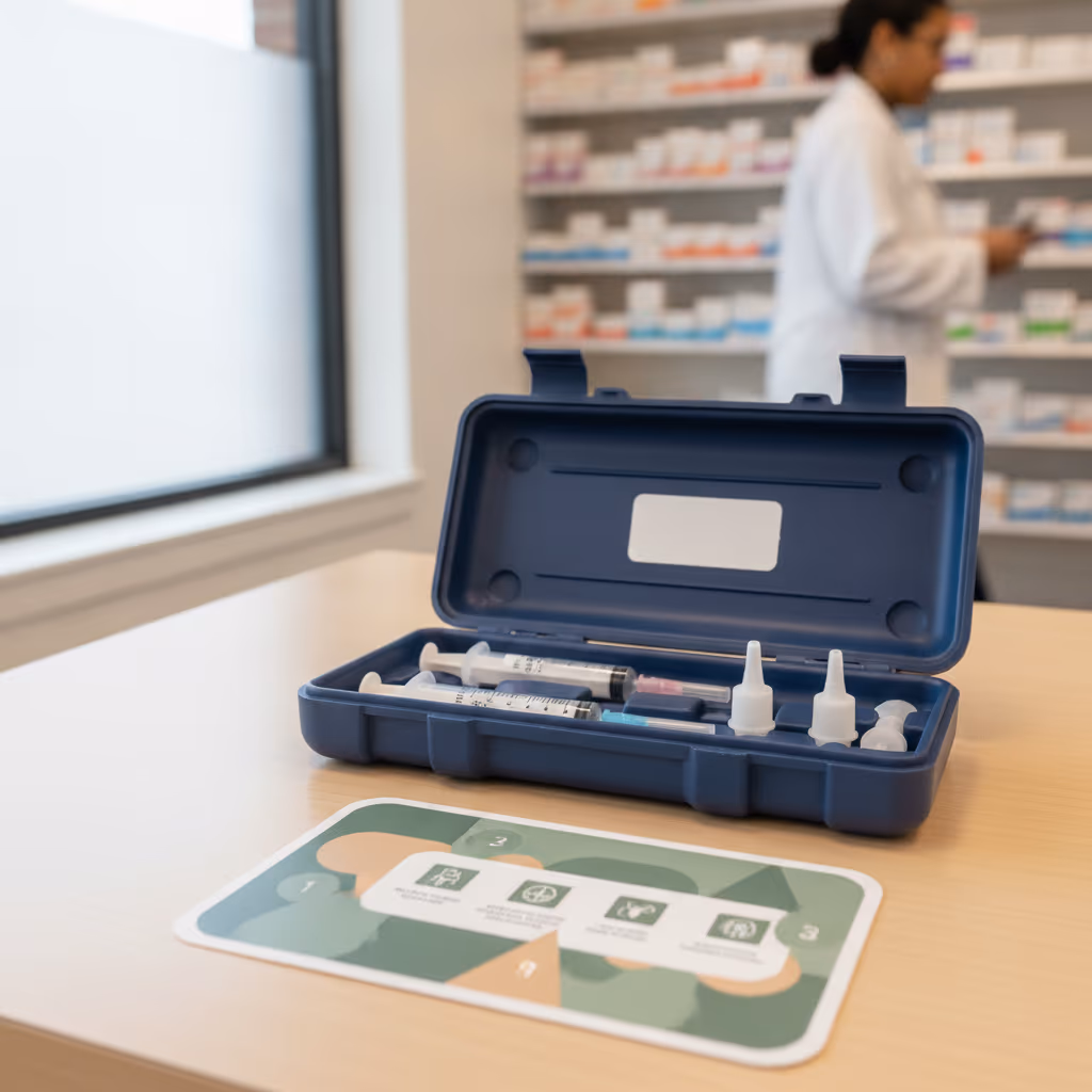 A naloxone emergency kit on a pharmacy counter