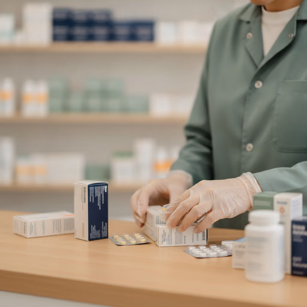 A naloxone emergency kit on a pharmacy counter