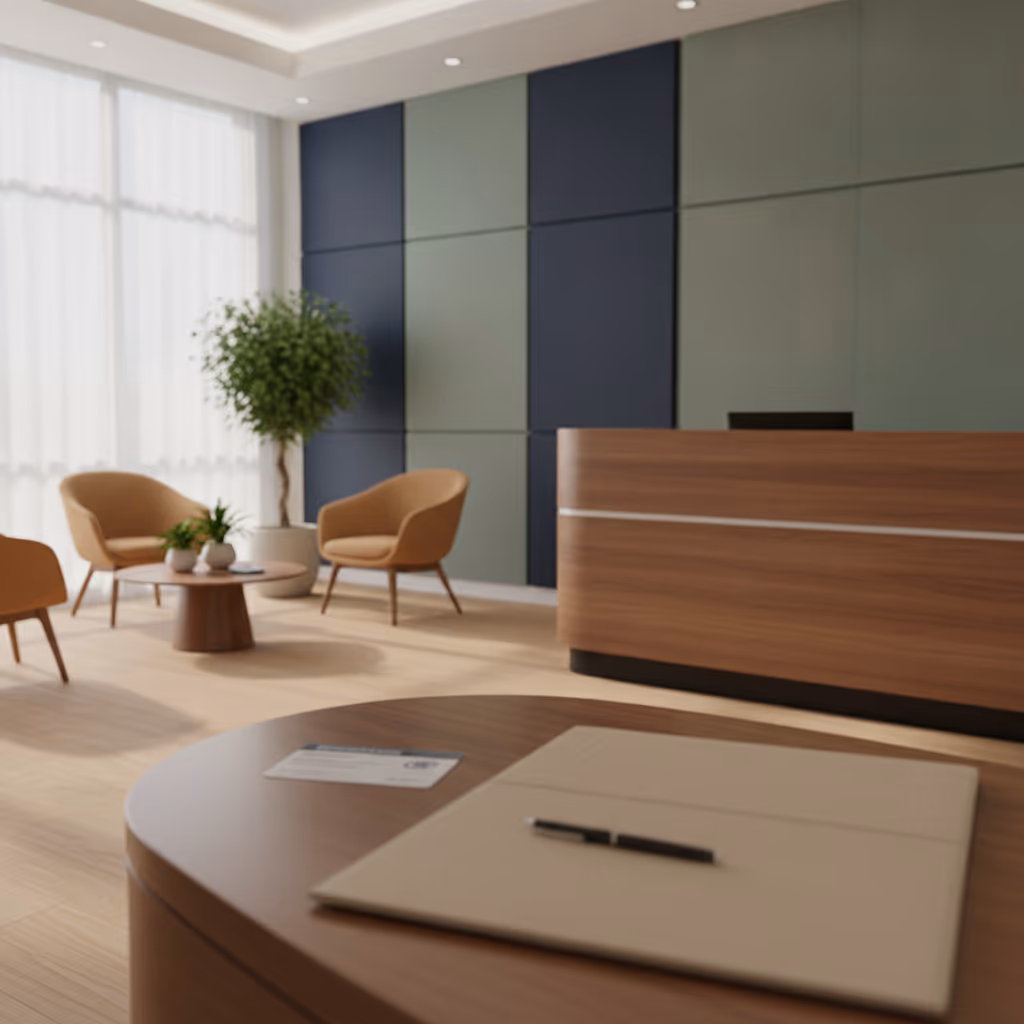 A healthcare clinic reception area with an insurance folder