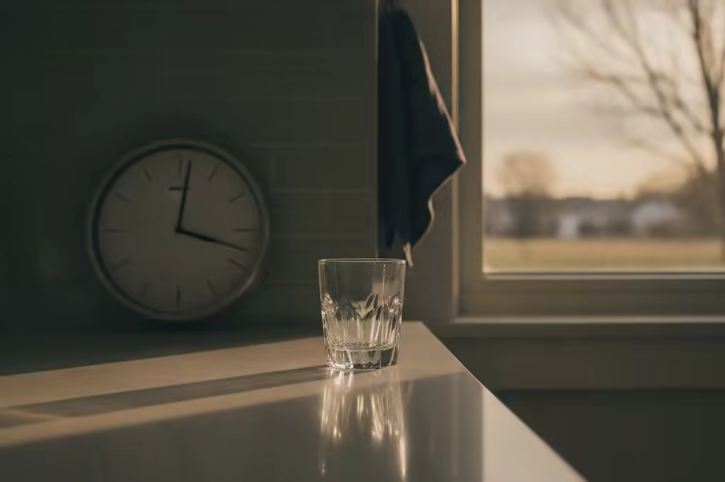 An empty glass on a kitchen counter beside a clock in early morning light