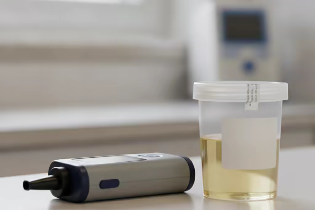 A breathalyzer device and a lab specimen cup side by side on a clinical counter
