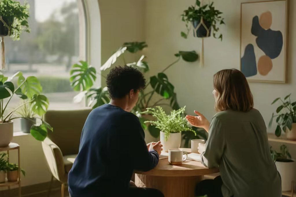 Two people talking across a table in a bright outpatient counseling office