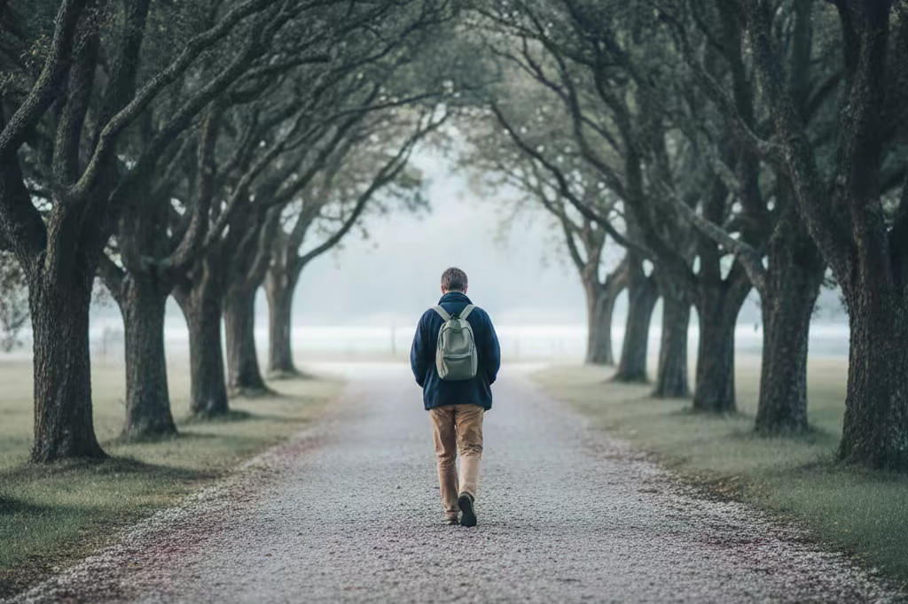 A person walking on a tree-lined path in morning light, seen from behind