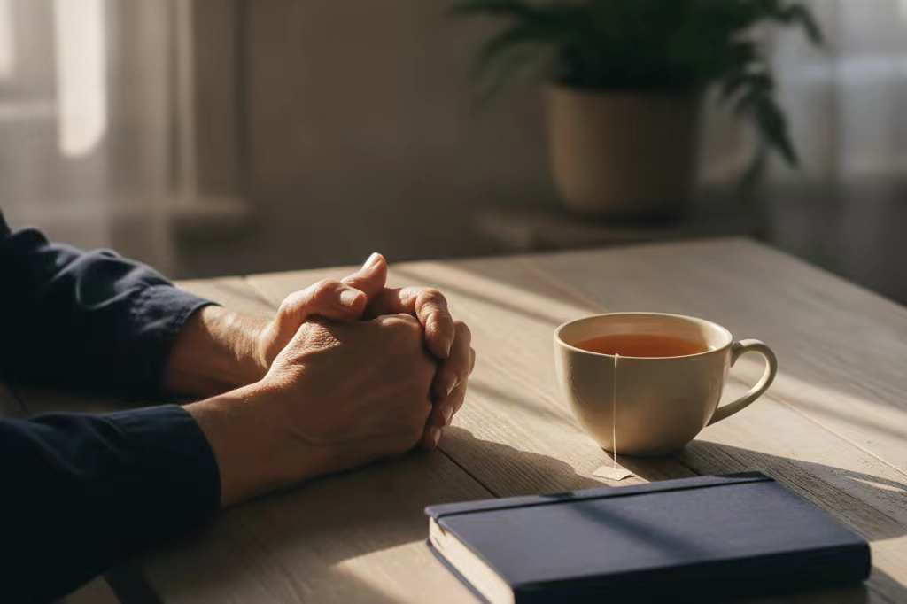 An older person's hands resting on a table beside a cup of tea and a closed notebook
