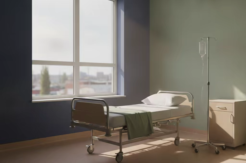 An empty hospital bed beside a window with an IV stand in soft afternoon light