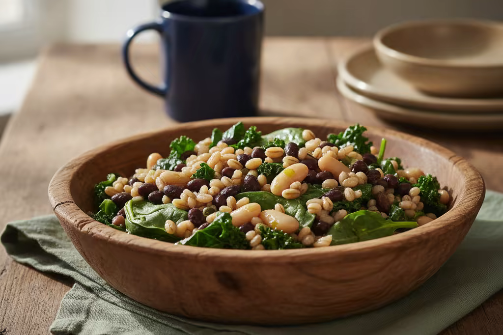 A bowl of whole grains, beans and leafy greens on a kitchen table in natural light
