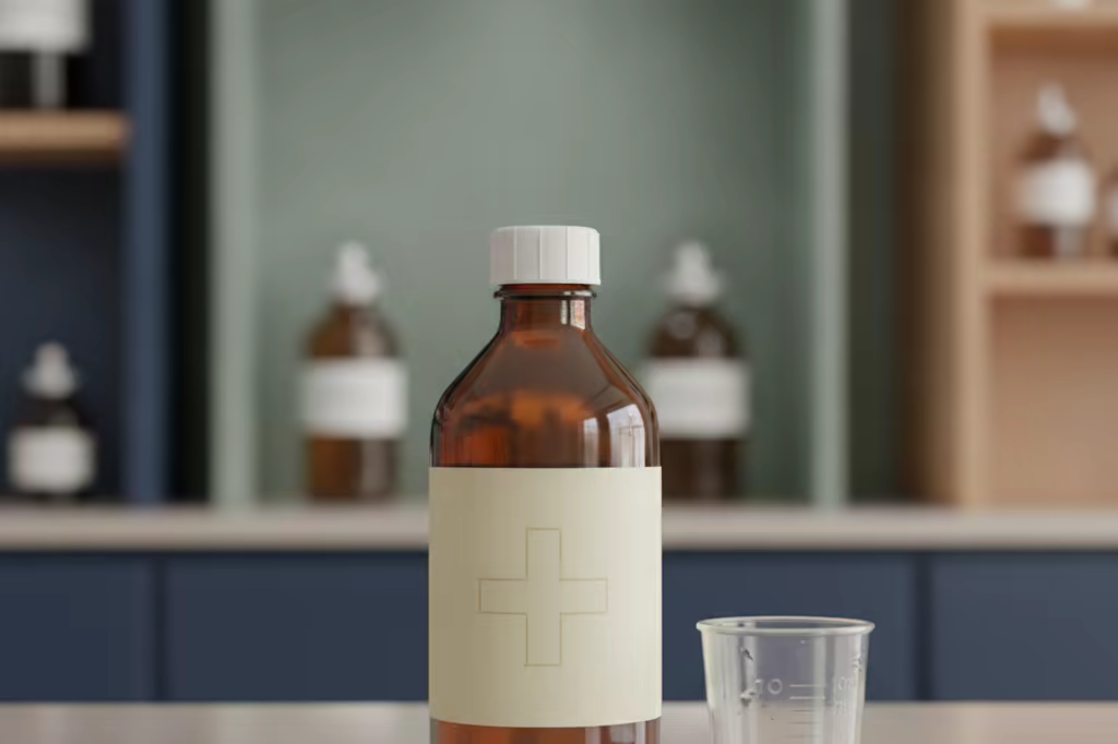 An amber prescription syrup bottle and a plastic dosing cup on a pharmacy counter