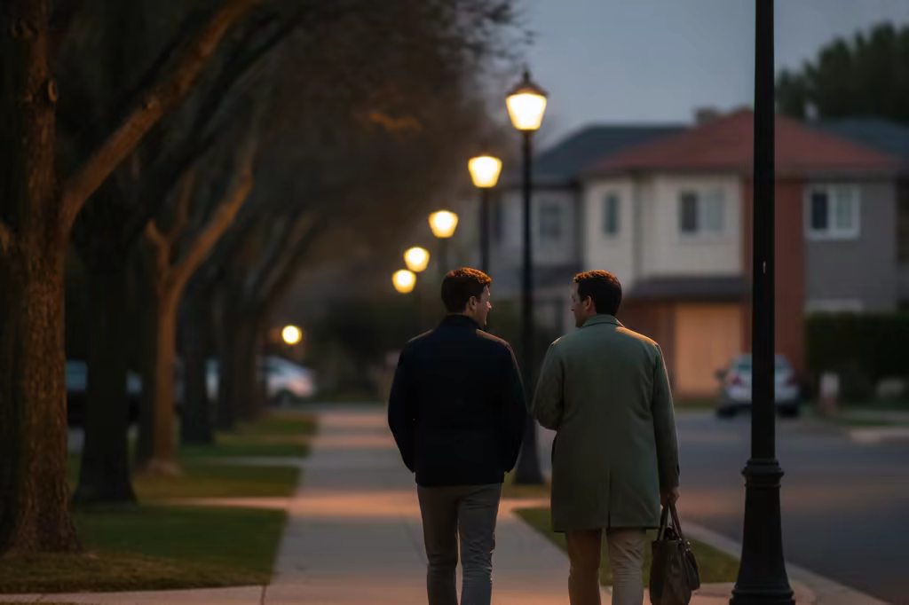 Two people walking along a sidewalk in conversation after an evening meeting