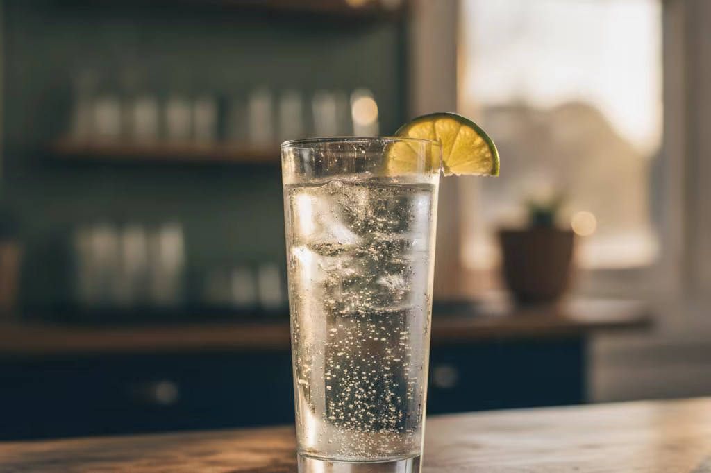 A glass of sparkling water with lime on a bar counter in evening light