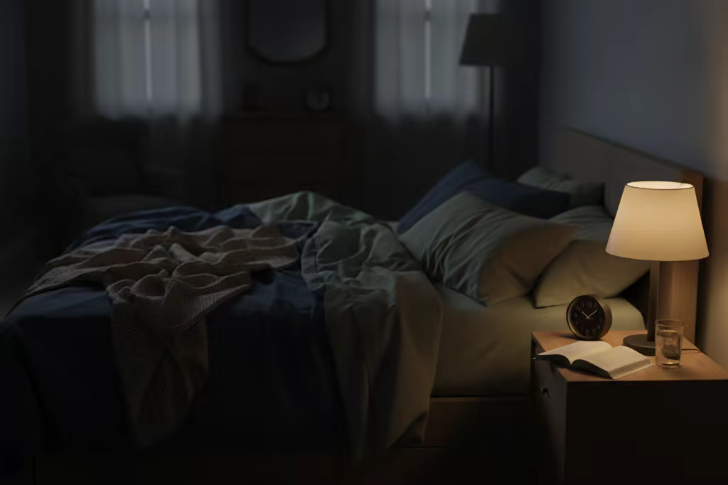 A dimly lit bedroom at night with rumpled bedding and a bedside lamp still on