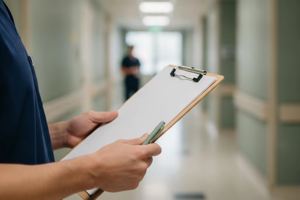 A clinician's hands reviewing a patient chart on a clipboard in a quiet hospital corridor