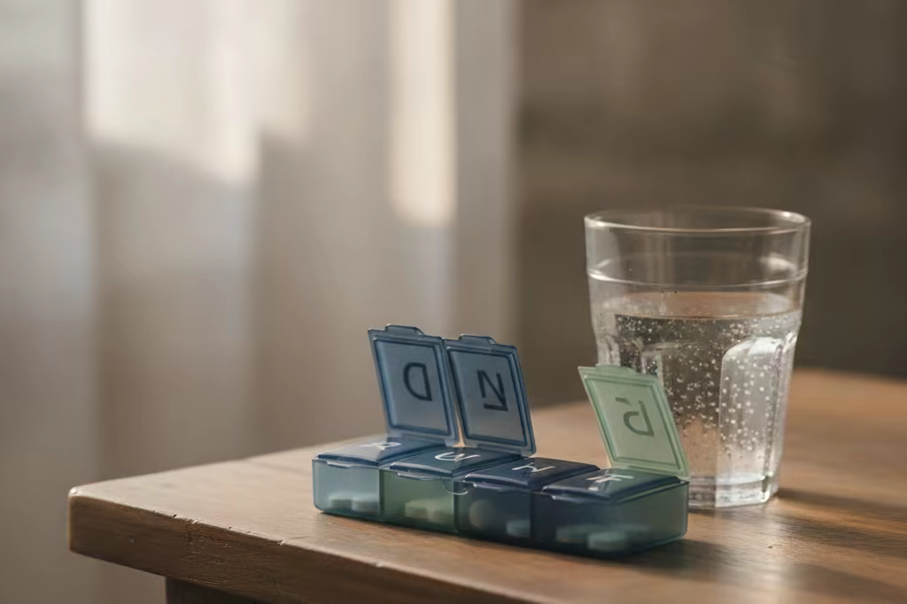A weekly pill organizer and a glass of water on a bedside table in morning light