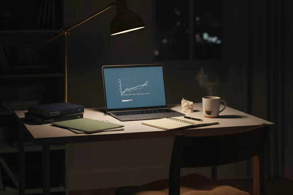 A student's desk at night with an open laptop, notebook and cold coffee, nobody seated