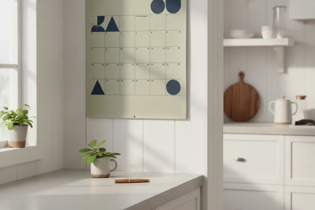 A calendar page on a kitchen wall with a pen resting on the counter below
