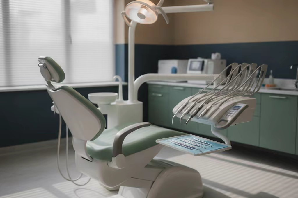 A dental examination chair and instrument tray in a clinic under soft daylight