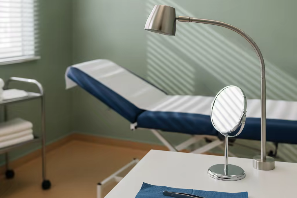 A dermatology examination room with a lamp and a mirror on a clean counter