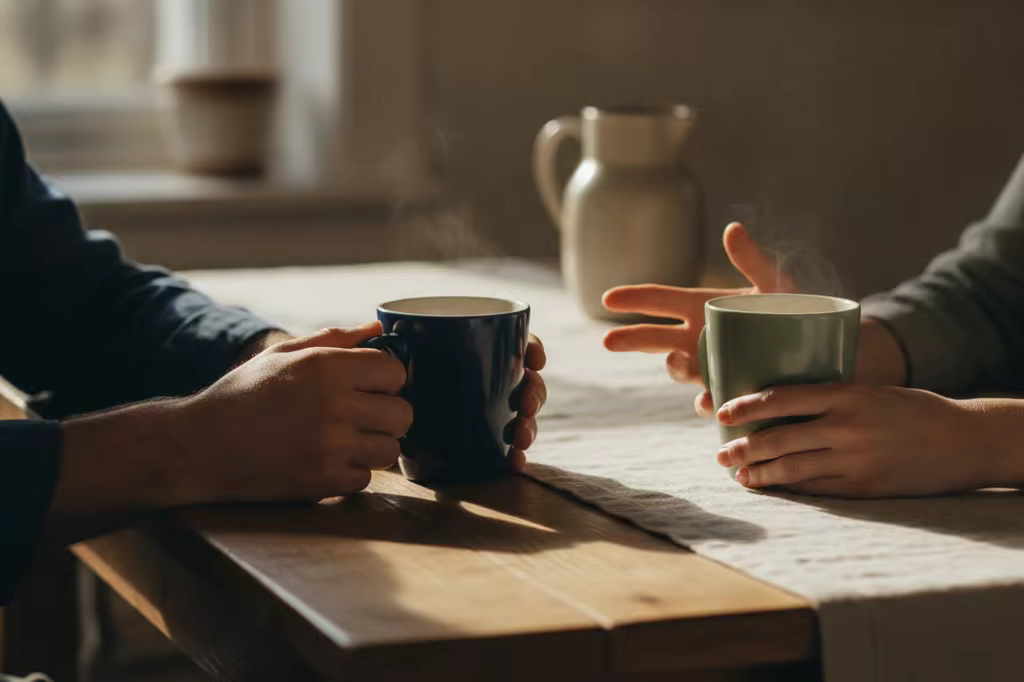 Two people talking over coffee at a kitchen table, hands visible, faces out of frame