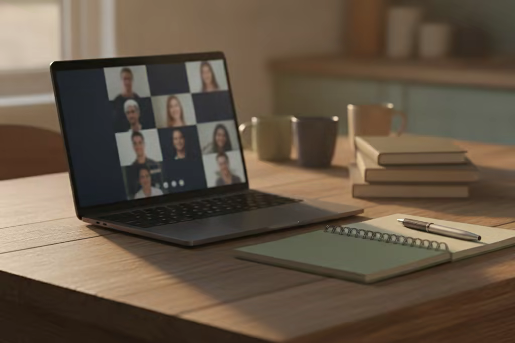 A laptop open to a video call grid on a kitchen table with a notebook beside it