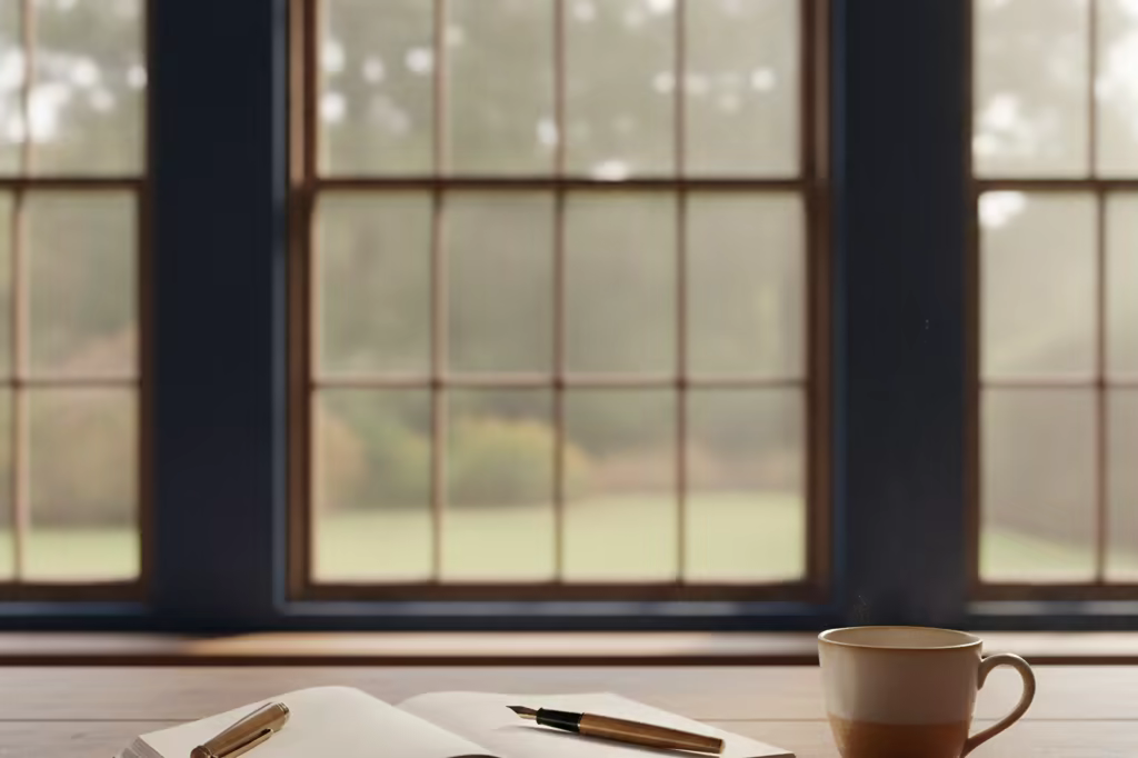 A notebook with a pen and a coffee cup on a library table in daylight